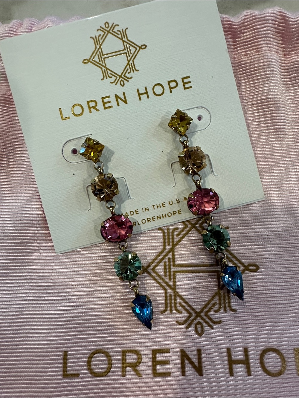 Loren Hope Pink, Blue, Green and Champagne Crystal Drop Linear Earrings